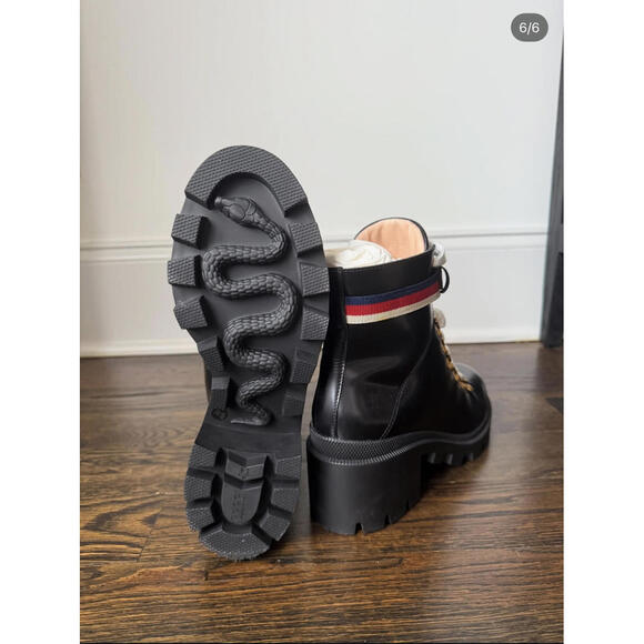 Gucci Women's Black Leather Hiking Boots with Red and Blue Stripe Detail - Picture 6 of 6